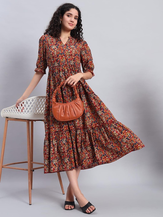 knee length dresses for ladies Yellow Cotton Flax Paneled A-Line Midi Dress 70