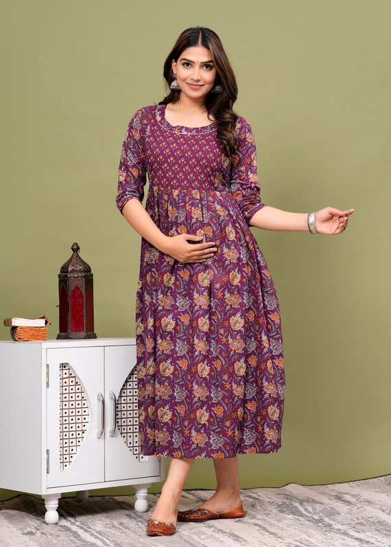 Floral Cotton Maternity Nursing Gown: Anarkali Kurti Dress