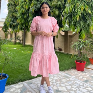 Pink Gingham Cotton Midi Dress – Puff Sleeve Cottagecore Dress – Handmade Summer Dress