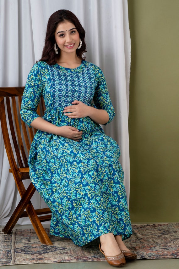 Yellow Cotton Floral Printed Maternity Anarkali Feeding Kurti with Zippers  - Feeding Kurtis