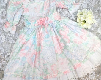 Vintage jaren 1990 pastel bloemen meisjes petticoat jurk (leeftijd 6)