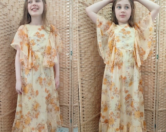 Vintage jurk uit de jaren 70 met doorschijnende engelenmouwen (ongeveer 7-8 jaar)