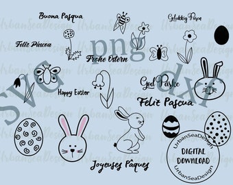 Plotterdatei Ostern, svg dxf und png mit Oster-Motiven als digitaler Download, handgezeichnete Osterhasen, Frühlings-Blumen und Ostereier