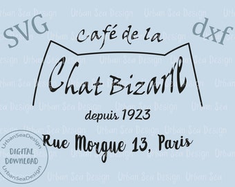 Plotterdatei in französischem Cafe Haus Stil, svg und dxf mit Cafe Schild Motiv als digitaler Download, gothic Katzen Cafe