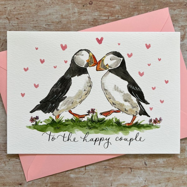 Vers l'heureux couple carte | Carte macareux | Carte de fiançailles | Carte d'anniversaire | carte de mariage | Carte d'oiseau | Sur votre carte de mariage | Macareux moine