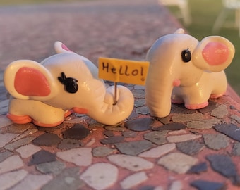 Baby elephant with placard, cute animal, miniature, mini white and pink elephant, figure, collectable, doll, toy, customisable, handmade