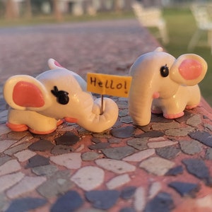 Baby elephant with placard, cute animal, miniature, mini white and pink elephant, figure, collectable, doll, toy, customisable, handmade
