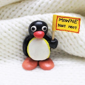 Pingu figure/collectable/figurine, pingu with hat pingu with placard, handmade penguin, miniature Pingu with placard