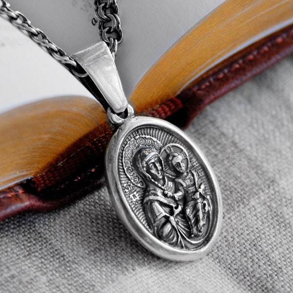 Orthodox Saint Virgin Mother Mary Jewelry Pendant Necklace - Christian Mother Mary Orthodox Icon Silver Mens Pendant