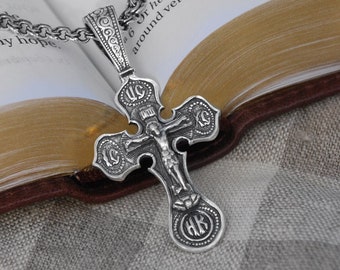 Mens Large Silver Crucifix Cross Necklace With Chain - Big Orthodox Cross Pendant for Man - Heavy Crucifix Cross Chain for Men