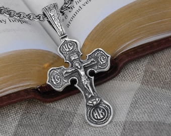 Mens Large Silver Crucifix Cross Necklace With Chain - Big Orthodox Cross Pendant for Man - Heavy Crucifix Cross Chain for Men