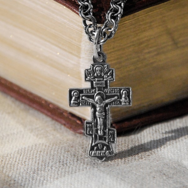 Collar de cruz de plata ortodoxa griega crucifijo colgante cristograma - Chi Rho Alfa y Omega Chrismon Monograma de Cristo