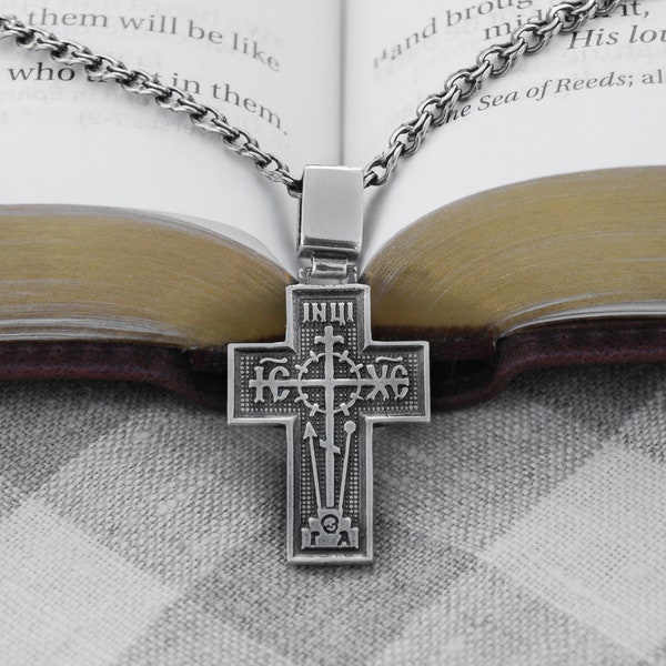 Greek Orthodox Mens Silver Cross Pendant Necklace - Christian Jewelry Cross for Man - Man Sterling Silver Religious Minimalist Cross Pendant