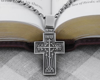 Greek Orthodox Mens Silver Cross Pendant Necklace - Christian Jewelry Cross for Man - Man Sterling Silver Religious Minimalist Cross Pendant