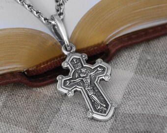 Mens Silver Orthodox Jewelry Cross Chain Set - Crucifix Cross Pendant for Man - Christian Greek Jesus Cross Pendant for Men