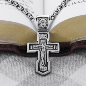 Russian Orthodox Cross Pendant Chain Necklace with Jesus Crucifix - Greek Orthodox Silver  Cross for Men and Women