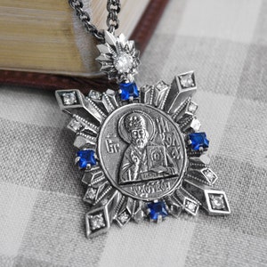 Nicholas Saint of Sailors Jewelry Religious Orthodox Pendant Necklace - Large Christian Icon Prayer Pendant - Big Silver Greek Icon Necklace