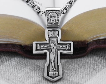 Russian Orthodox Cross Pendant Chain Necklace with Jesus Crucifix - Greek Orthodox Silver  Cross for Men and Women