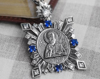 Nicholas Saint of Sailors Jewelry Religious Orthodox Pendant Necklace - Large Christian Icon Prayer Pendant - Big Silver Greek Icon Necklace