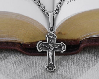 Orthodox Crucifix Silver Cross Necklace Pendant - Jesus Crucifix Greek Cross for Women Boys Girls