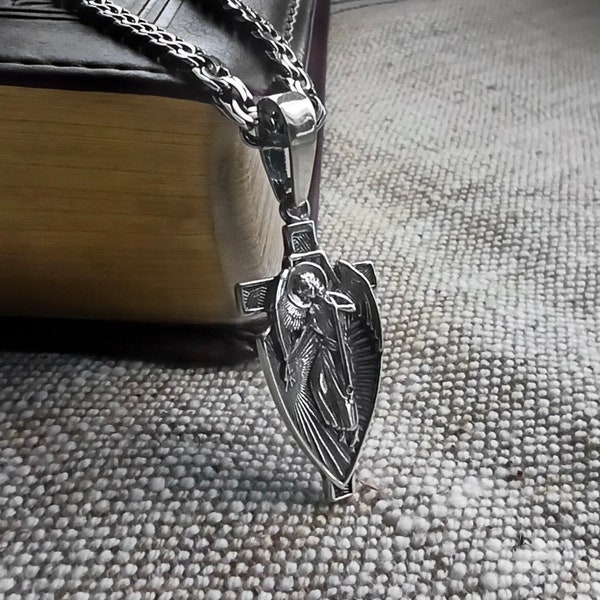 Archangel Gabriel Orthodox Shield Cross Necklace Prayer Pendant - Religious Men’s Jewelry Orthodox Silver Necklace with Guardian Angel