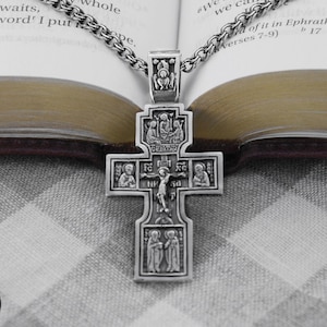 Large Mens Orthodox Silver Crucifix Cross Necklace - Big Silver Crucifix Cross Pendant for Men - Saint Virgin Mary Pendant Necklace for Man