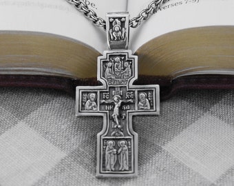 Large Mens Orthodox Silver Crucifix Cross Necklace - Big Silver Crucifix Cross Pendant for Men - Saint Virgin Mary Pendant Necklace for Man