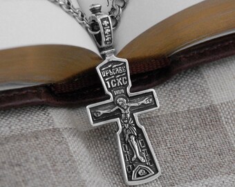 Silver Orthodox Cross Necklace Crucifix Pendant - Men Greek Orthodox Sterling Silver Cross