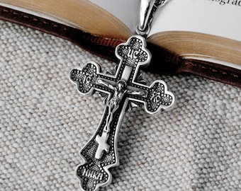 Large Orthodox Pectoral Silver Cross Necklace for Men - Priest Orthodox Cross Pendant Necklaces Gift