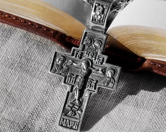 Large Men Silver Crucifix Cross Necklace Europe Orthodox Pendant - Saint Panteleimon Mens 925 Cross Necklace
