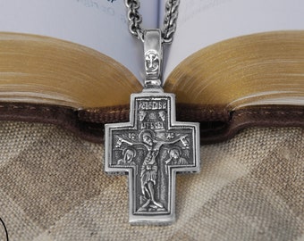 Colar masculino com pingente de crucifixo grego de Jesus em prata - Cruz ortodoxa com Virgem Maria - Pingente de crucifixo com Virgem Maria