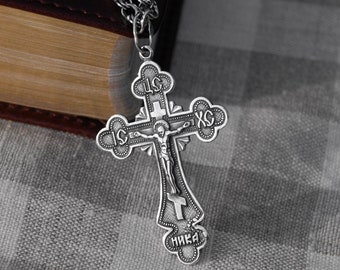 Orthodox Pectoral Silver Cross Necklace Crucifix for Men - Orthodox Pendant Necklaces Jesus on Cross