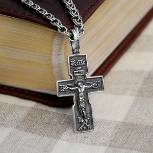 Men Crucifix Necklace Greek Orthodox Silver Cross Necklace - Mens Orthodox Sterling Silver Crucifix Cross Pendant