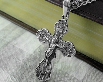 Kreuz Halskette Silber Kruzifix Herren Schmuck Anhänger - Männer Griechisch-Orthodoxe 925 Sterling Silber oxidiertes Kreuz Halskette