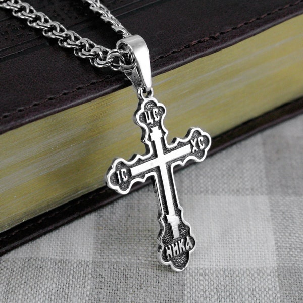 Silver Large Orthodox Cross Necklace Men Jewelry Pendant - Mens Oxidized Silver Greek Orthodox Cross Necklace