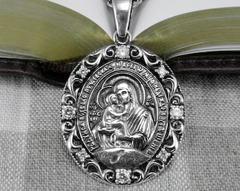 Orthodox Icon Pendant Necklace Saint Virgin Mary and Jesus Silver - Jewelry Mother Mary Christian Orthodox Cross Icon Pendant