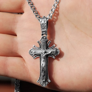 Large Orthodox Men Silver Crucifix Cross Necklace – 925 Large Sterling Silver Crucifix Necklace Cross for Men