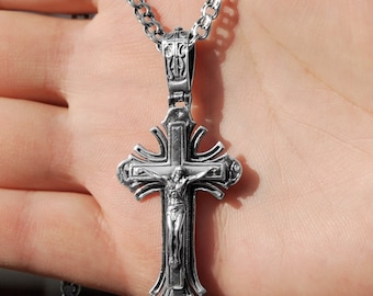 Large Orthodox Men Silver Crucifix Cross Necklace – 925 Large Sterling Silver Crucifix Necklace Cross for Men