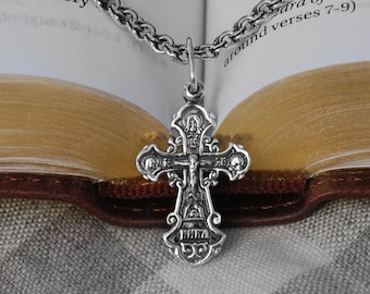 Tiny Dainty Greek Silver Cross Necklace for Women - Boys Orthodox Saint Virgin Mary Cross Necklace - Jesus Greek Cross Baptism Gift
