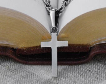 Small Silver Plain Christian Cross Necklace for Boys Girls Women - Kids Baptism Cross With Chain Set