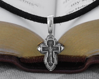 Small Orthodox Cross Necklace Baptism Silver Crucifix Pendant - Tiny Greek Orthodox Silver Cross