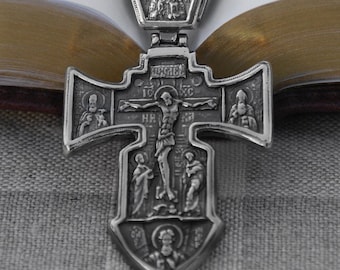 Large Orthodox Mens Crucifix Cross Necklace Pendant with Guardian Angel - Big Sailors Necklace for Men - Silver Sea Cross Necklace for Man