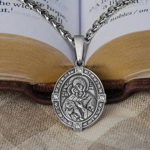 Silver Virgin Mother Mary Religious Jewelry Pendant Necklace - Orthodox Christian Prayer Necklace Baptism Gift - St Virgin Mary Jewelry