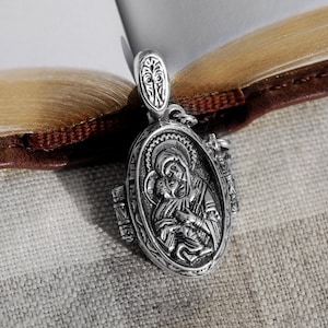 Orthodox Virgin Mary Sterling Silver Reliquary Locket Pendant Necklace - Mother Mary Saint Christian Silver Lockets