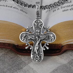 Zilveren sierlijke orthodoxe kruisbeeldhanger - 925 sieraden kruis met Jezus voor vrouwen - orthodoxe sterlingzilveren gebedshanger kruisketting