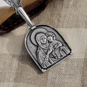 Virgin Mary Jewelry Christian Pendant Necklace - Orthodox Prayer Pendant Sterling Silver - Religious Saint Virgin Mary Necklace