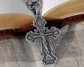 Colar com cruz peitoral de prata com crucifixo ortodoxo grego – Colar com pingente de cruz grega ortodoxa de prata esterlina 925