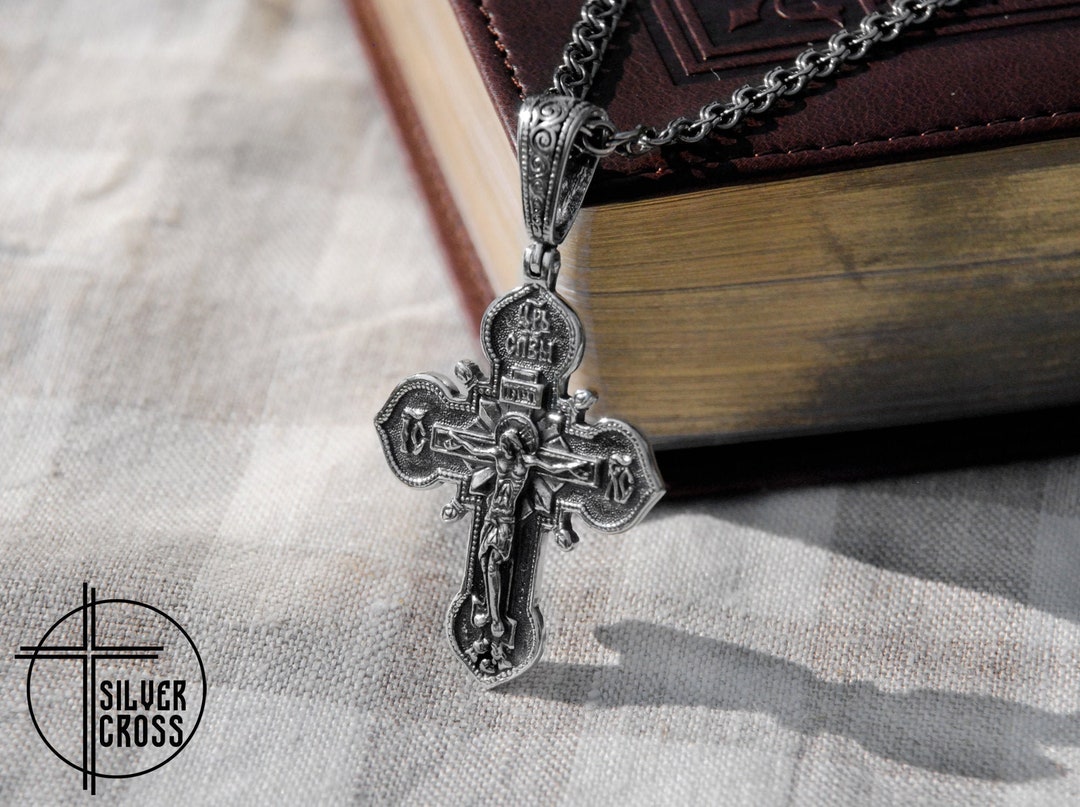 Large Orthodox Silver Crucifix Cross Necklace Pendant for Men - Mens ...
