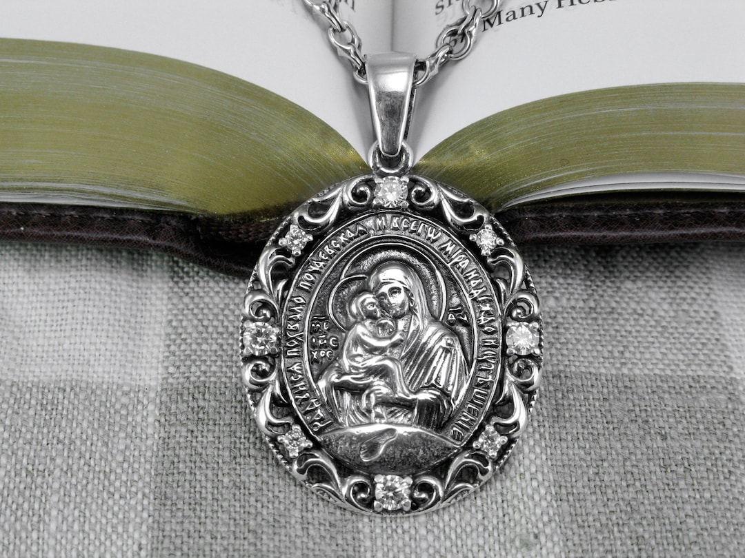 Orthodox Icon Pendant Necklace Saint Virgin Mary and Jesus Silver