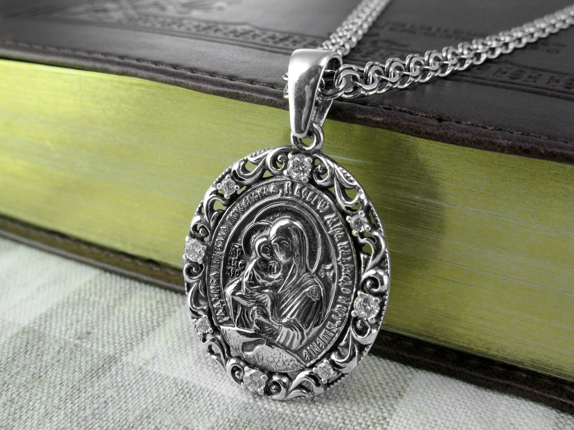 Orthodox Icon Pendant Necklace Saint Virgin Mary and Jesus Silver